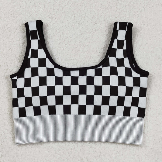 GT1189 Adult Women Black Checkered Knitted Yoga Crop Bra Tops C9.2