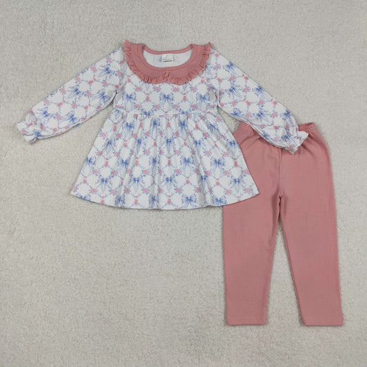 GLP2774 Baby Girls Blue Bows Flowers Tunic Leggings Pant Fall Clothes Set C9.26