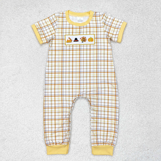 SR1869 Embroidered boy's hat Turkey pumpkin orange yellow checked short-sleeved onesie