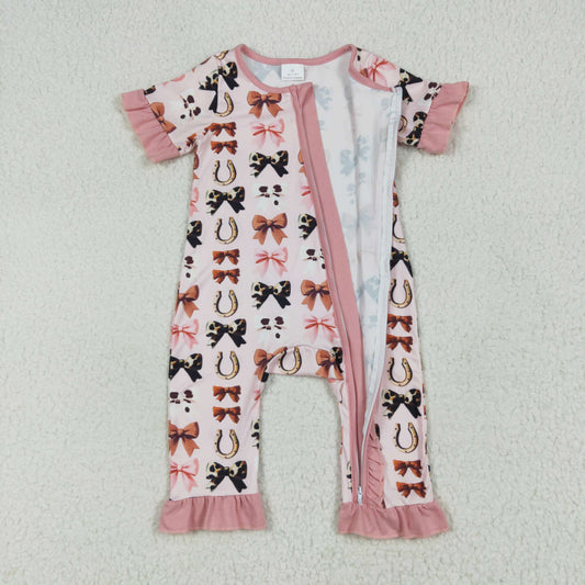 SR3116 Baby Girls Pink Short Ruffle Sleeves Bows Horse Shoes Zipper Romper 7.7