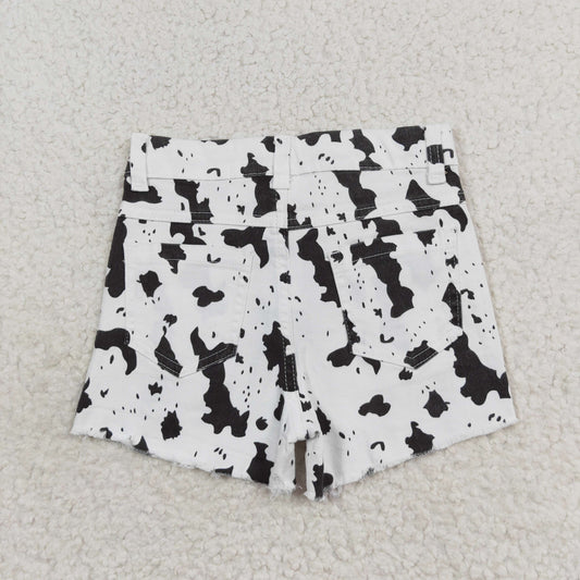 SS0332 White cow-print ripped denim shorts