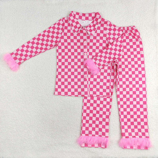 GLP1265 Adult plaid long-sleeved trousers pajama set with plush border rose red