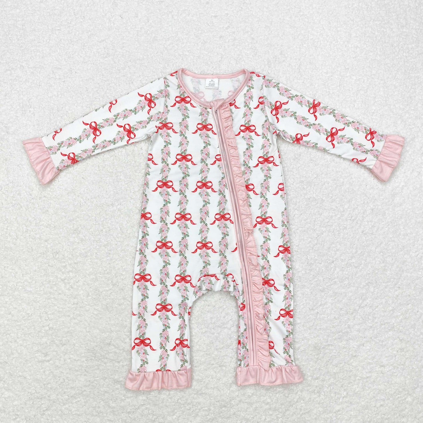 LR1517 Bamboo Flower Leaf bow pattern Pink lace White zipper long sleeve onesie