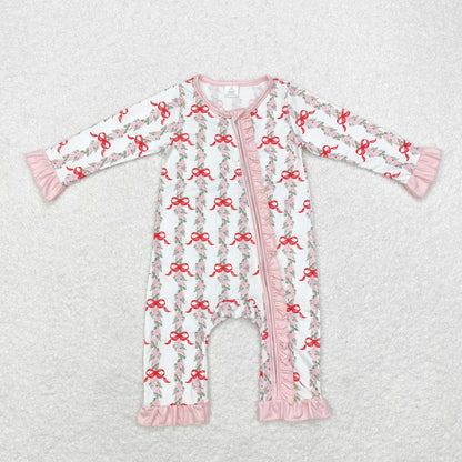 LR1517 Bamboo Flower Leaf bow pattern Pink lace White zipper long sleeve onesie