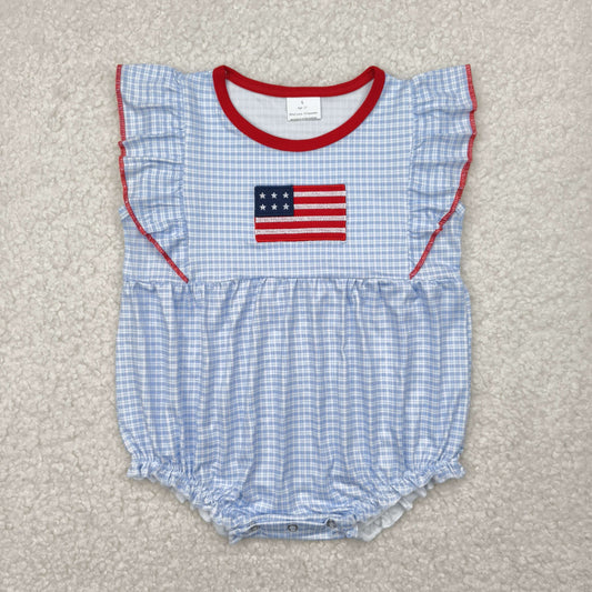 SR2817 Embroidery Baby Infant Girls Blue Checkered Flag Romper