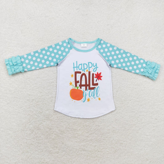 6 A13-11 Happy Fall Y'all Girls Pumpkin Blue Dot Ruffle Long Sleeve Shirts