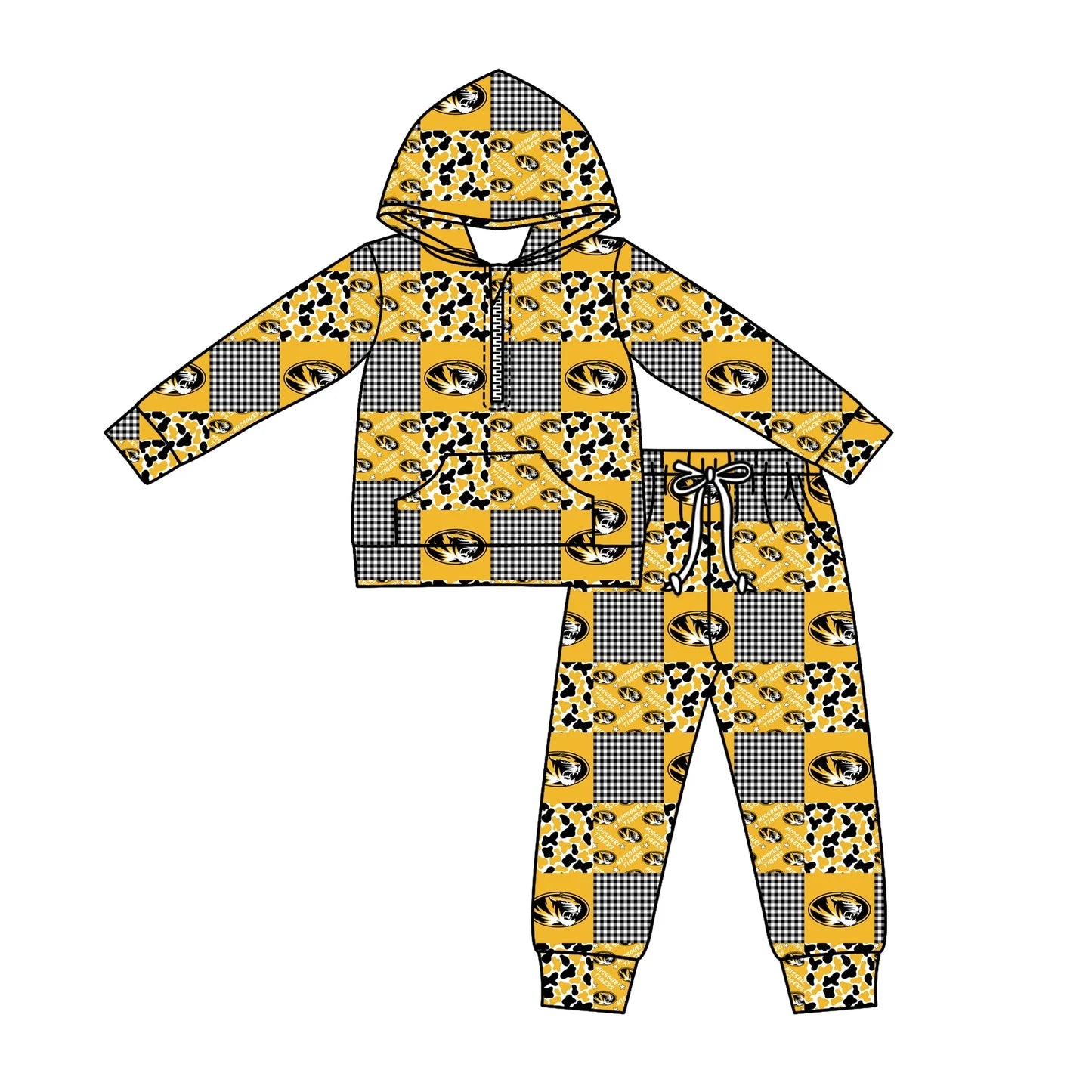 C12.3 Custom Moq 5 Baby Boys Camo Tigers Checked Zipper Pockets Hoodies Pants Team Clothes Sets