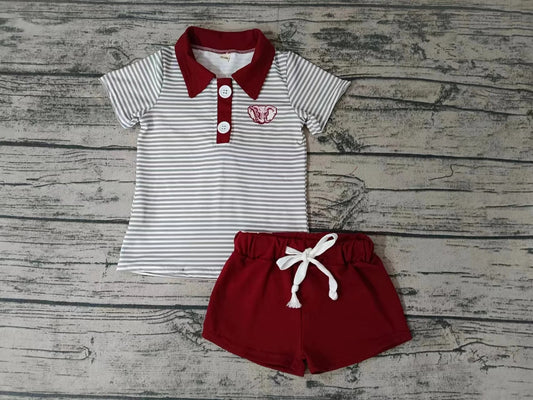 Baby Boys Dark Red Stripes Elephant Team Short Sleeve Tee Shirt Shorts Clothes Sets preorder(moq 3)