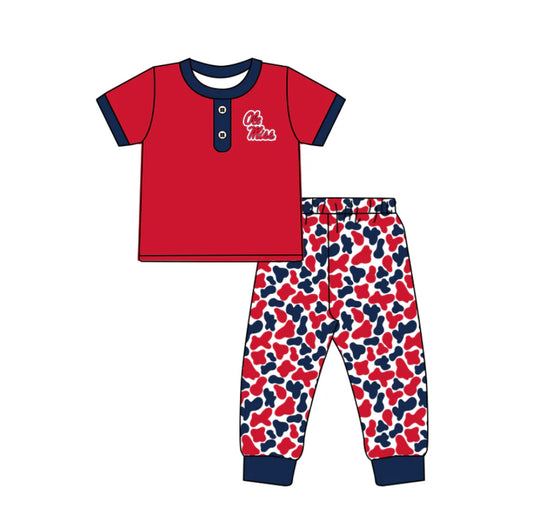 C11.27 Custom Moq 8 Baby Boys Red Ole Miss Button Top Camo Pants Team Clothes Sets