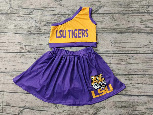 Baby Girls One Shoulder LSU Cheer Team Top Skirt Clothes Sets preorder(MOQ 3)