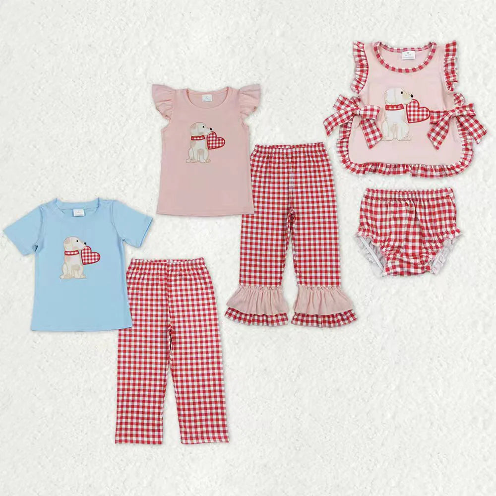Sibling Baby Boys Girls Embroidery Heart Dogs Red Checked Pant Bummies Valentines Clothes Sets C11.29