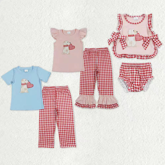 Sibling Baby Boys Girls Embroidery Heart Dogs Red Checked Pant Bummies Valentines Clothes Sets C11.29
