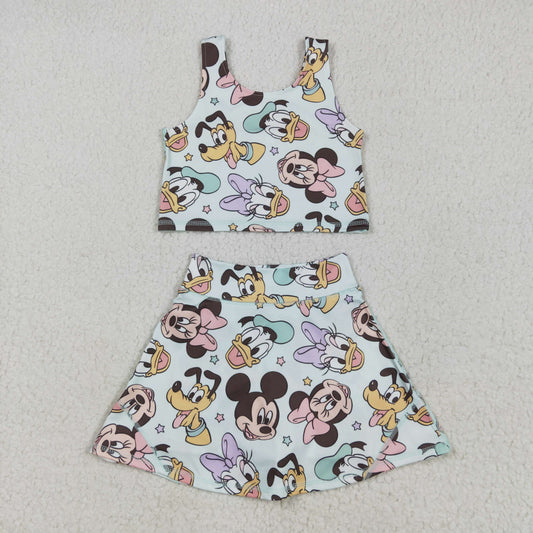 GSD2353 Baby Girls Sleeveless Cartoon Mouse Ducks Top Skort Yoga Set 4.29