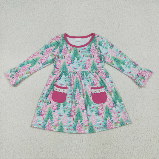 GLD1072 Baby Girls Long Ruffle Sleeves Trees Floral Pockets Knee Length Dress 6.19