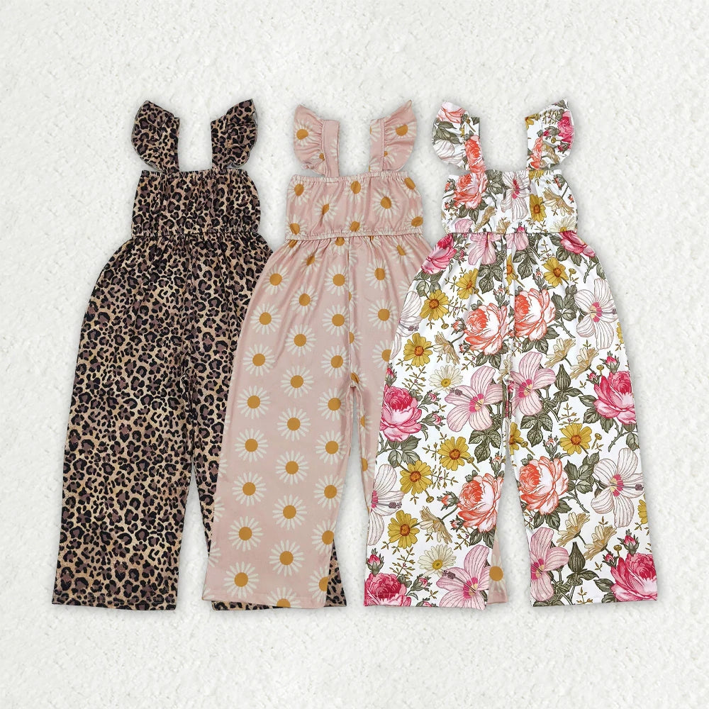 Sibling Baby Girls Flutter Sleeves Peach Daisy Flowers Leopard Bell Jumpsuits 5.24