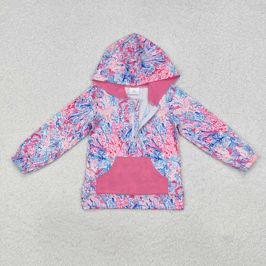 GT0745 Baby Girls Pink Seaweed Hooded Long Sleeve Tops