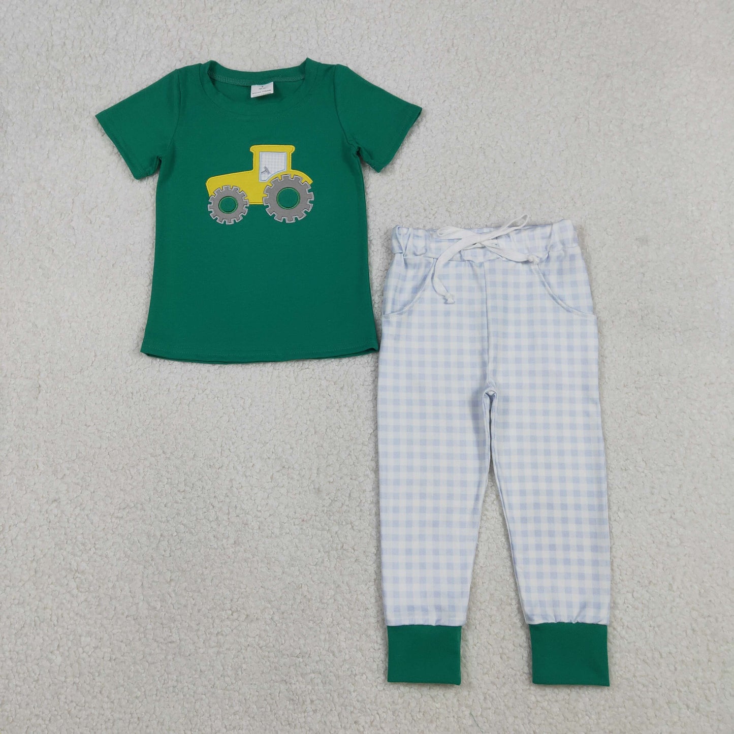 BSPO0615 Embroidery Baby Boys Golf Truck Top Checked Pockets Leggings Clothes Set C12.2