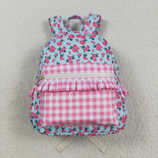 BA0217 Baby Kids Girls Pink Flowers Checkered Backpack Zip Back Bag