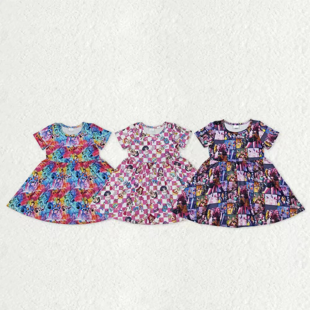 Sibling Baby Girls Short Sleeve Cartoon Demon Hunter Knee Length Dresses C11.14