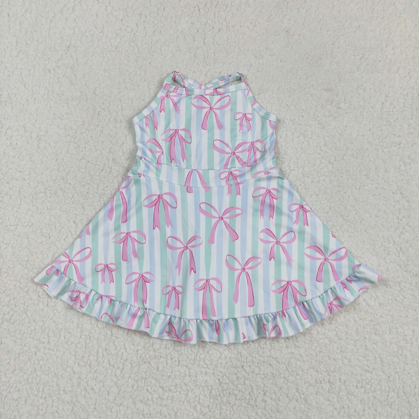 GSD2297 Baby Girls Strap Green Bow Stripe Pink Bows Yoga Ruffle Knee Length Dress 4.18