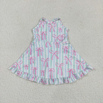 GSD2297 Baby Girls Strap Green Bow Stripe Pink Bows Yoga Ruffle Knee Length Dress 4.18