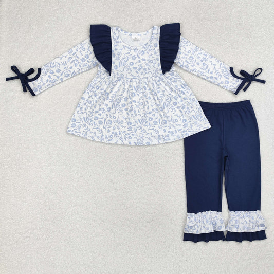 GLP1828 Baby Girls Blue Flowers Tunic Top Ruffle Pants Clothes Set