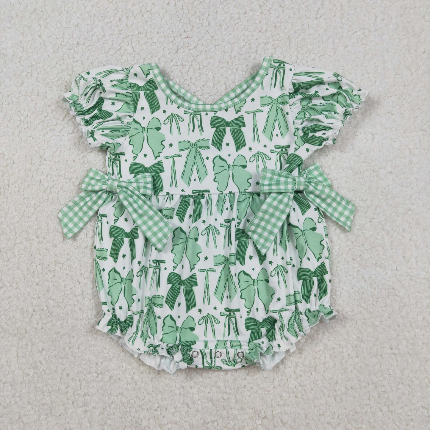 SR3305 Baby Girls Green Clovers St Patrick Bows Ruffle Rompers C12.13