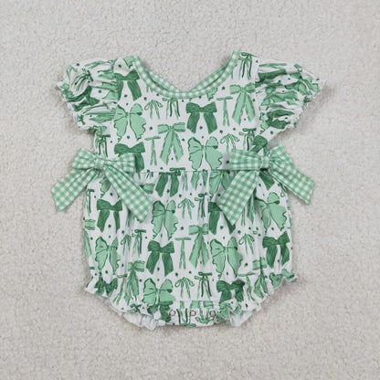 SR3305 Baby Girls Green Clovers St Patrick Bows Ruffle Rompers C12.13