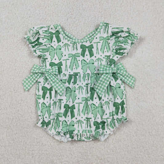 SR3305 Baby Girls Green Clovers St Patrick Bows Ruffle Rompers C12.13