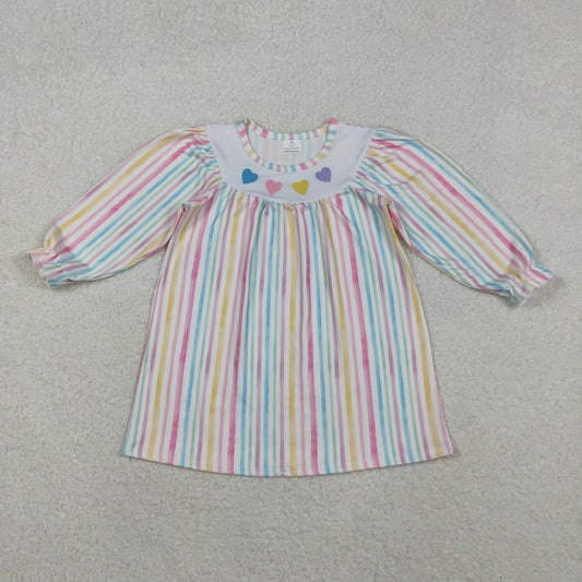 GLD1335 Embroidery Baby Girls Colorful Stripes Hearts Valentine Knee Length Dress C11.4