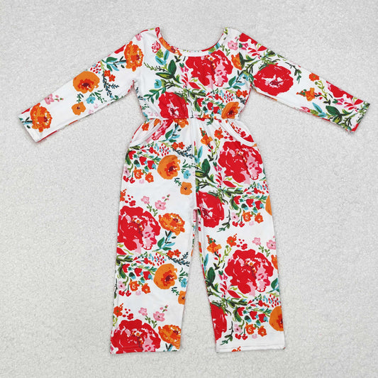 LR1837 Baby Girls Orange Red Flowers Long Sleeve Fall Jumpsuit