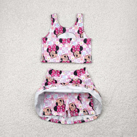 GSD2460 Baby Girls Sleeveless Pink Plaid Cartoon Mouse Top Skort Yoga Set 4.29