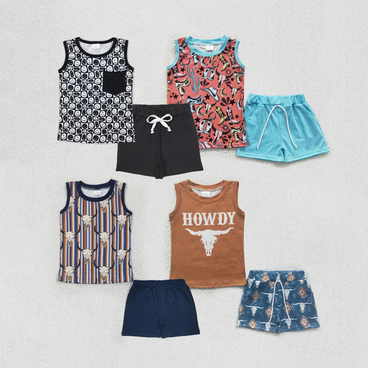 Sibling Baby Boys Sleeveless Tee Shirt Top Smiles Western Howdy Shorts Clothes Sets 5.9