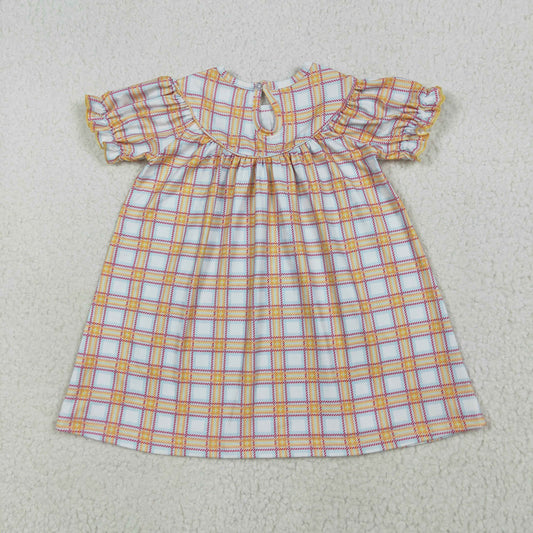 GSD2276 Baby Girls Orange Plaid Short Ruffle Sleeves Smocked Cows Pigs Farm Knee Length Dress 7.10