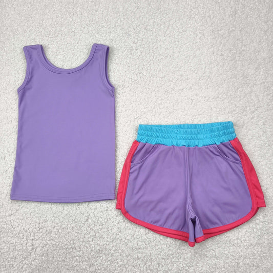 GT0990+SS0555 Baby Girls Lavender Sleeveless Shirt Top Pockets Short Yoga Active Set 4.23