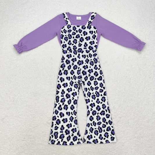 GT0645+SR1932 Purple solid color long sleeve leopard print back strap jumpsuit set