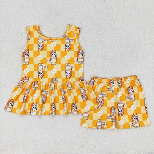 GSSO1249 Girls cartoon dog flower orange plaid sleeveless shorts set