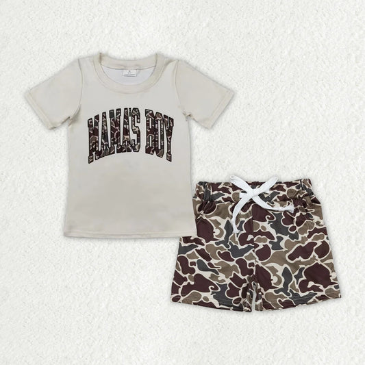 BT0792+SS0202 mama's boy Camouflage letter beige short sleeve top Brown green beige shorts set