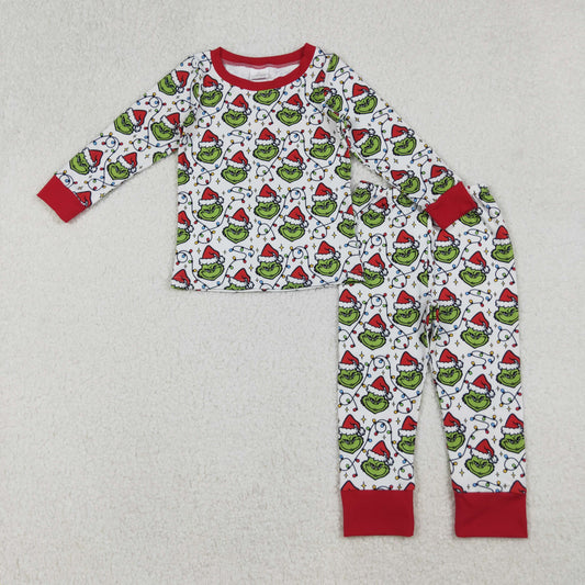 BLP1225 Baby Boys Christmas Lights Green Faces Plaid Top Pant Pajamas Set C9.17