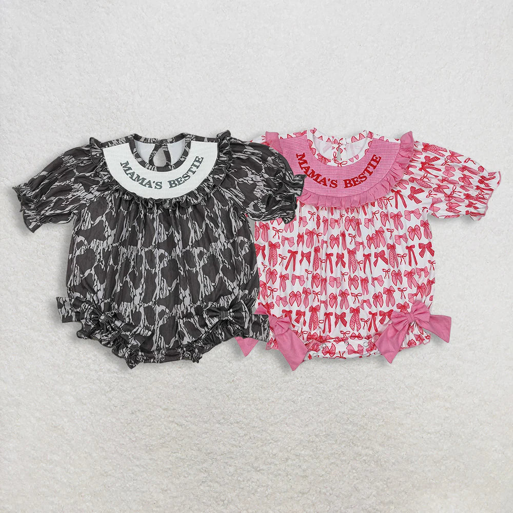 Sibling Baby Girls Smocked Mama's Bestie Camo Bows Ruffle Rompers C11.14