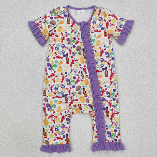 SR2019 Baby Infant Girls Mardi Gras Anchor Crawfish Zip Romper