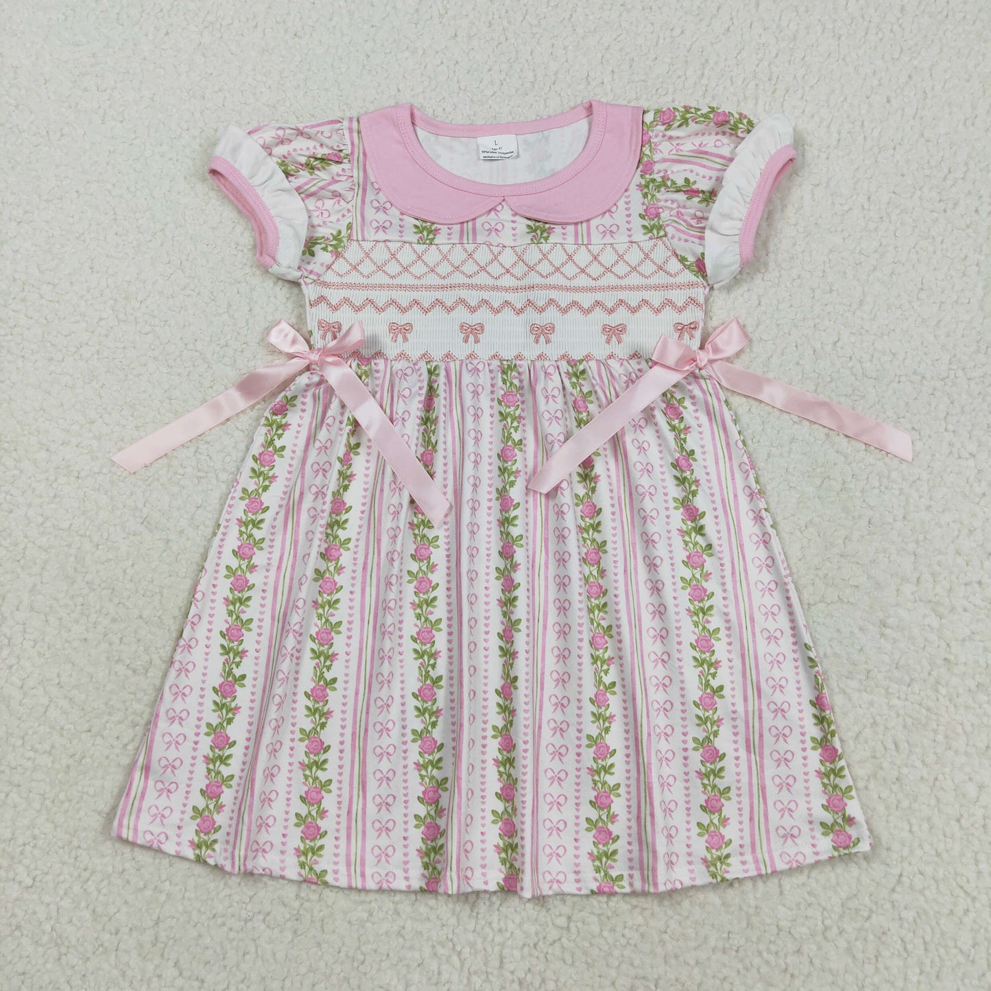 GSD2717 Embroidery Baby Girls Pink Short Ruffle Sleeves Flowers Bows Stripe Knee Length Dress C8.18