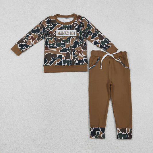 BLP1337 Embroidery Baby Boys Dark Brown Camo Mama's Boy Top Pockets Jogger Pants Clothes Set C11.18