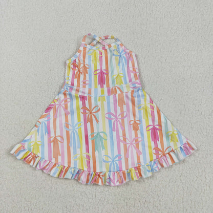 GSD2288 Baby Girls Strap Colorful Bows Stripe Yoga Ruffle Knee Length Dress 5.15