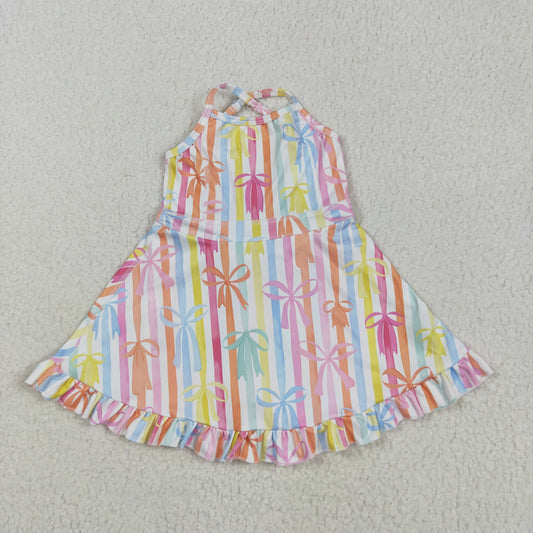 GSD2288 Baby Girls Strap Colorful Bows Stripe Yoga Ruffle Knee Length Dress 5.15