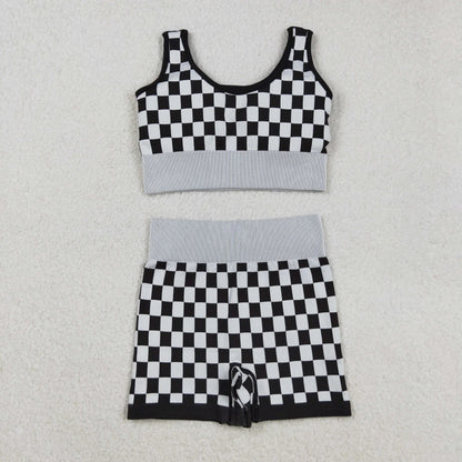 Sibling Adult Women Checkered Camo Crop Bra Top Shorts Yoga Outfits Sets C9.5