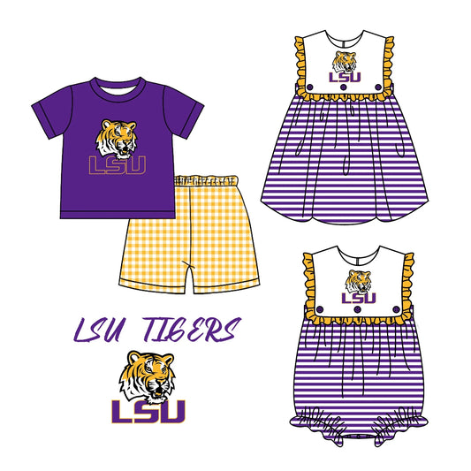 Sibling Boys Baby Girls LSU Team Dresses Rompers Sets preorder(moq 3)