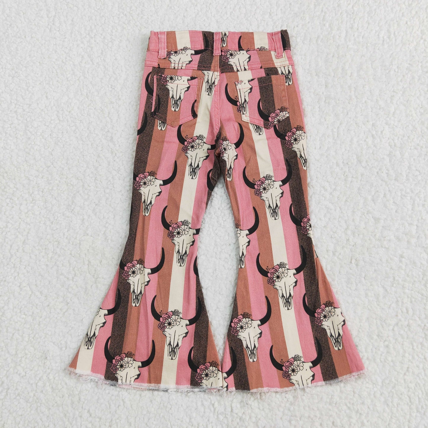 P0437 Baby Girls Aztec Western Cow Skull Bell Flare Denim Pants 5.5