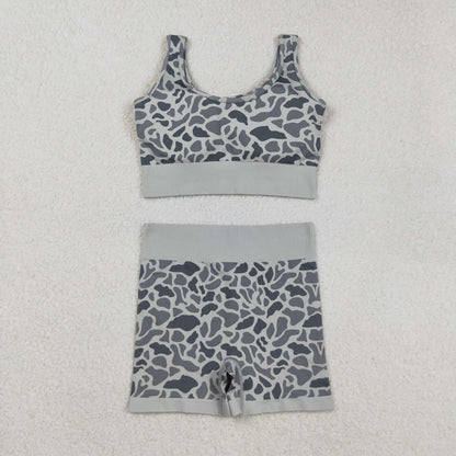 GT1186+SS0643 Adult Women Grey Camo Crop Bra Top Shorts Yoga Outfits Set C9.5