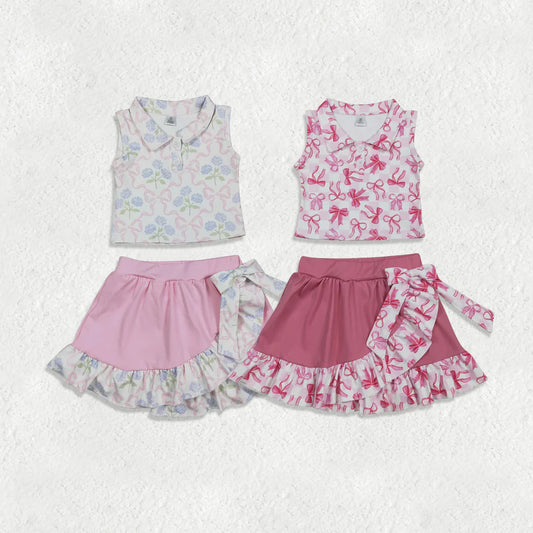 RTS Sibling Baby Girls Bows Checked Button Vests Ruffle Skirt Shorts Yoga Active Clothes Sets